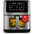 Lehmann XXL Heißluftfritteuse 8L mit Sichtfenster, 1800 W Airfryer mit 10 Programmen und Temperaturregelung, Timer, gesunde Lebensmittel ohne Öl - Schwarz/Silber