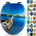 Sanfino® Premium WC Sitz "Boat" hochwertiger Toilettendeckel mit Absenkautomatik aus Holz, viele bunte Motive, einfache Montage