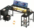 HOMALL Eckschreibtisch 170cm U-förmiger Schreibtisch mit LED-Monitorhalterung Gamingtisch (Die Monitorhalterung ist verstellbar und verfügt über zwei Steckdosen und zwei USB-Anschlüsse, drei Stoffschubladen und drei Gitterablagen. Sie kann links oder rechts angebracht werden)