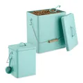 Relaxdays Futterbox, 2er Set, 2 Größen, Futtertonne mit Deckel & Löffel, Eisen, Aufbewahrungsbox Trockenfutter, türkis