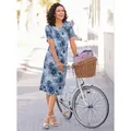 Jerseykleid INSPIRATIONEN "Jersey-Kleid", Damen, Gr. 38, Normalgrößen, blau (dunkelblau, bedruckt), Jersey, Single Jersey, 95% Viskose, 5% Elasthan, gemustert, mehrfarbig, bedruckt, geblümt, kurz, Rundhals, Kurzarm, Kleider