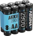 ABSINA 8x Akku AA wiederaufladbar 2900 - NiMH AA Akkus mit 1,2V & min. 2650mAh - Aufladbare Batterien AA