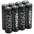 ABSINA Akku AA wiederaufladbar 2900 8er Pack - NiMH AA Akku mit 1,2V & min. 2650mAh - Aufladbare Batterien AA für Geräte mit hohem Stromverbrauch - Akkus AA für Blitzgerät, Wii & Xbox Controller