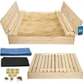 KOTARBAU® Sandkasten mit Abdeckung 140x140 cm Sandkiste aus Holz mit Deckel & Sitzbänken Gartenspielzeug für Kinder mit Sandkastenvlies Natürlich - Braun