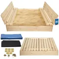KOTARBAU® Sandkasten mit Abdeckung - 140 x 140 cm - Sandkiste aus Holz - Sandkasten mit Deckel & Sitzbänken -mit Sandkastenvlies - Holz - Natürlich