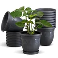 Plastard 10er Set Blumentöpfe mit Untersetzer 27 cm Durchmesser Anthrazit runder Pflanzkübel aus Kunststoff großer Blumentopf Pflanztopf Kräutertopf für Wohnung Balkon und Garten