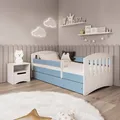 Kinderbett 180x80 mit Matratze, Rausfallschutz, Lattenrost & Schublade in blau 80 x 180 Mädchen Jungen Bett Skandi Jugendbett