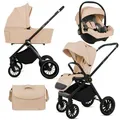 BabyLux® Kinderwagen 3in1 Set ROSSO, Beige Faltbar Leicht Kombikinderwagen Set incl. Babywanne, Buggy Sportsitz, Babyschale i-Size, Wickeltasche - Beige