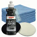 SONAX 250ml Glass Polish + 2x 75mm Glaspolierpads + 20x Microfasertücher Politur