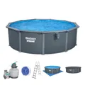 Bestway Hydrium Stahlwandpool Komplett-Set rund 488 x 132 cm Holz-Optik Grau Gartenpool Aufstellpool Sandfilter