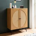 Kommode in Eiche Dekor 80 cm Sideboard mit 2 Türen aus Wiener Rattan Geflecht Design Highboard