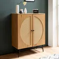 Kommode in Eiche Nachbildung 80 cm Sideboard mit 2 Türen aus Wiener Rattan Geflecht Design Highboard