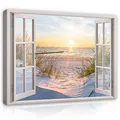 WallArena - Leinwand Bilder - Fensterbilck Strand Meer Natur Landschaft - 80x60 cm Leinwandbilder Bild auf leinwand Wandbild XXL groß Wandbilder für Wohnzimmer Schlafzimmer Wohnzimmerbilder Modern