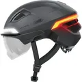 ABUS Fahrradhelm HYP-E ACE - mit Frontlicht, Rücklicht und Blinklicht - mit Visier und Ohrenschützern - geeignet auch für E-Bike und S-Pedelec -... - Grau