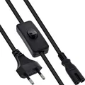 Inline Euro Netzkabel mit Schalter, Netzstecker CEE 7/16 zu IEC-C7, 2-polig, Stromkabel für AV-Geräte, schwarz, 0,5m, 16150