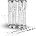 AVOID Rollender Grillkorb Edelstahl – BBQ Grillkorb Set rund & zylindrisch – Grillzubehör für Fleisch Fisch Gemüse – Spülmaschinengeeignetes Grillkorb Geschenke für Männer (Silber, 30cm×10cm)