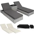 2 Sonnenliegen Rattan mit Aluminiumgestell und Tisch inkl. Schutzhülle hellgrau