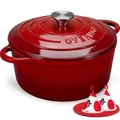 Overmont Bräter emaille Gusseisen Topf - Schmortopf 28cm backofengeeignet - mit Deckel und Kochbuch - für Küche Backen Schmoren Braten Rot