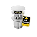 Bürstenking Ablaufgarnitur Waschbecken – Ablaufventil mit Haarsieb – 1 1/4" Anschlussgewinde – Push-Open Funktion mit Überlauf – 6,0 cm – ø 66 mm – Chrom mit weißem Keramikdeckel