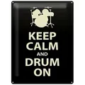 Femer GmbH Metallschild Spruch 30x40cm Keep calm and drum on, (1 St), gewölbte Oberfläche, abgerundete Ecken, umgeschlagene Kanten