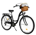 MILORD Damenfahrrad Citybike Komfort Mit Weidenkorb Hollandrad Vintage Fahrrad, 26, 28 Zoll, 7-Gang (Schwarz, 28 Zoll)