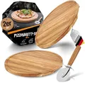 LIKAYA Pizzabrett/Pizzateller 2er-Set rund ⌀35cm – FSC-Akazienholz mit Pizzaschneider | Perfekt für Pizza, Kuchen, Brotzeit & Käseplatte