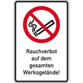 Schild I Verbots-Kombischild Rauchverbot auf dem Werksgelände, Aluminium RA0, 600x900mm, DIN EN ISO 7010, nach StVO P002