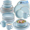 SÄNGER Rio Lagune | Kombiservice 6 Personen, Teller Set Kaffeebecher Pastaschale 30 tlg, Steingut Geschirr Set spülmaschinen- mikrowellen- kratzfest, Geschirrset aus Steingut, blau | VALUE COLLECTION