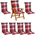 BURI 6x Hochlehner Auflage 120x50x5,5 cm - wetterfeste Gartenstuhlauflage mit Schaumkern & Vollvlies, Halteband & Bindebänder, bequemes Stuhlpolster für Balkon, Terrasse & Garten (Rot/Grau Kariert)