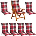 BURI 6X Hochlehner Auflage 120x50x5,5 cm - wetterfeste Gartenstuhlauflage mit Schaumkern & Vollvlies, Halteband & Bindebänder, bequemes Stuhlpolster für Balkon, Terrasse & Garten (Rot/Grau Kariert)