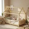 Kinderbett 80x160 mit Rausfallschutz und Lattenrost, Hausbett - Kinderbett 90x200 für Kinder - Kinderbett Hausbett 80x160 Natur