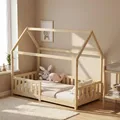 ecomi® Kinderbett 80x160 Bodenbett Kinder Bett Hausbett mit Rausfallschutz und Lattenrost für Kinder Kinderbetten für Mädchen und Jungen Massivholz Kiefer in Natur