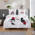 Mickey & Minnie Mouse Bettwäsche Set 4-teilig 135x200 80x80 cm - Partner Bettwäsche, weiß aus 100% Baumwolle mit Reißverschluss -
