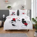 Disney Mickey & Minnie Partnerbettwäsche Set 4-teilig 135x200 cm 80x80 cm - Wendebettwäsche aus 100% Baumwolle mit Reißverschluss - Bettwäsche doppel romantisch Maschinenwäsche, Öko-Tex