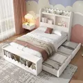 Kinderbett Einzelbett Stauraumbett mit Schubladen, Regal und Sitzbank mit Stauraum, Holzbett 90x190 cm, Bettgestell und Lattenrost aus Holz