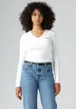 Langarmshirt "ESSENTIAL HM LS VNECK", mit Logo Stickerei, Gr. XS (34), WHITE