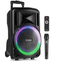 Fenton FT12LED MK2, Party Box Bluetooth Lautsprecher 700W, Musikbox Bluetooth Groß, 12" Woofer, Mikrofon, LED, Akku & Netzbetrieb, AUX/Gitarren Eingang, USB Media-Player, Stereo-Pairing, Partybox
