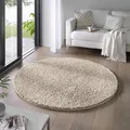Taracarpet Shaggy Teppich Wohnzimmer Venezia Hochflor Langflor Teppiche modern Beige 120 cm rund