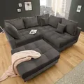 riess-ambiente Moderne Wohnlandschaft KENT 220cm grau Samt Ecksofa Federkern inkl. Hocker und Kissen Sofa Couch - Grau