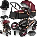 Kiduku Kinderwagen Komplettset, Kombikinderwagen Set inkl. Babywanne Buggy Auto-Babyschale Fußsack, Voll-Gummireifen Wickeltasche Regenschutz Kind... - bordeaux