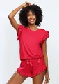 DKaren Schlafanzug Damen Kurzarm Pyjama Shorty Rüschen Nachtwäsche (Set, 2 tlg., Kurzarmshirt + Kurze Hose), Rot