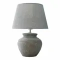 LOBERON Tischlampe Cleveland, kunstvoll gearbeiteter Fuß, Tischleuchte im Antik-Look, Akzentbeleuchtung, Wohn-Accessoire, Keramik, Leinen, grau