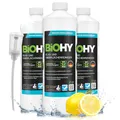 BiOHY Glas- und Oberflächenreiniger (3 x 1 Liter) + Dosierer | Glasreiniger Konzentrat für streifenfreien Glanz | ergiebiger Glas & Kunststoffreiniger | Fettlöser & Kalkreiniger