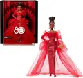 Barbie Signature Puppe, Sammelfigur zum 80. Jubiläum von Mattel in glitzerndem rotem Tüllkleid mit tropfenförmigen Ohrringen und hauchzarten Handschuhen, brünett, JBJ18