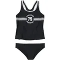 Tankini KANGAROOS "Sporty", Kinder, Gr. 122/128, N-Gr, schwarz, Polyamid, unifarben, kontrastfarbene Details, Bikini-Sets, mit sportlichem Frontdruck