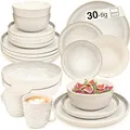 SÄNGER Key West | Steingut Geschirr Set 30 tlg, Teller Set 6 Personen, 6x Speise- Dessertteller, Müslischalen, Pastaschalen, Kaffebecher Kombiservice Creme mit sandiger Maserung | VALUE COLLECTION