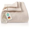 LAYNENBURG Premium Musselin Tagesdecke 150x200 cm - 100% Baumwolle - extraweiche, leichte Sommerdecke als Kuscheldecke, Bett-Überwurf, Baumwolldecke, Couch-Überwurf - warme Sofa-Decke (Beige)
