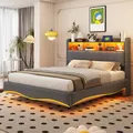 MODFU Doppelbett 140×200 mit Matratze,Stauraumbett mit USB- und TYPE-C-Schnittstelle,Polsterbett mit LED-Licht,Abgehängtes Design,Grau