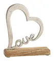 Spetebo Metall Herz in Silber mit Schriftzug Love auf Mango Holzfuß - 20x18x5 cm - Tisch Deko Herz Skulptur