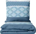 Biber Bettwäsche Set 155x220 cm Blau Weiß Gestreift Ornamente mit Reißverschluss Winter
